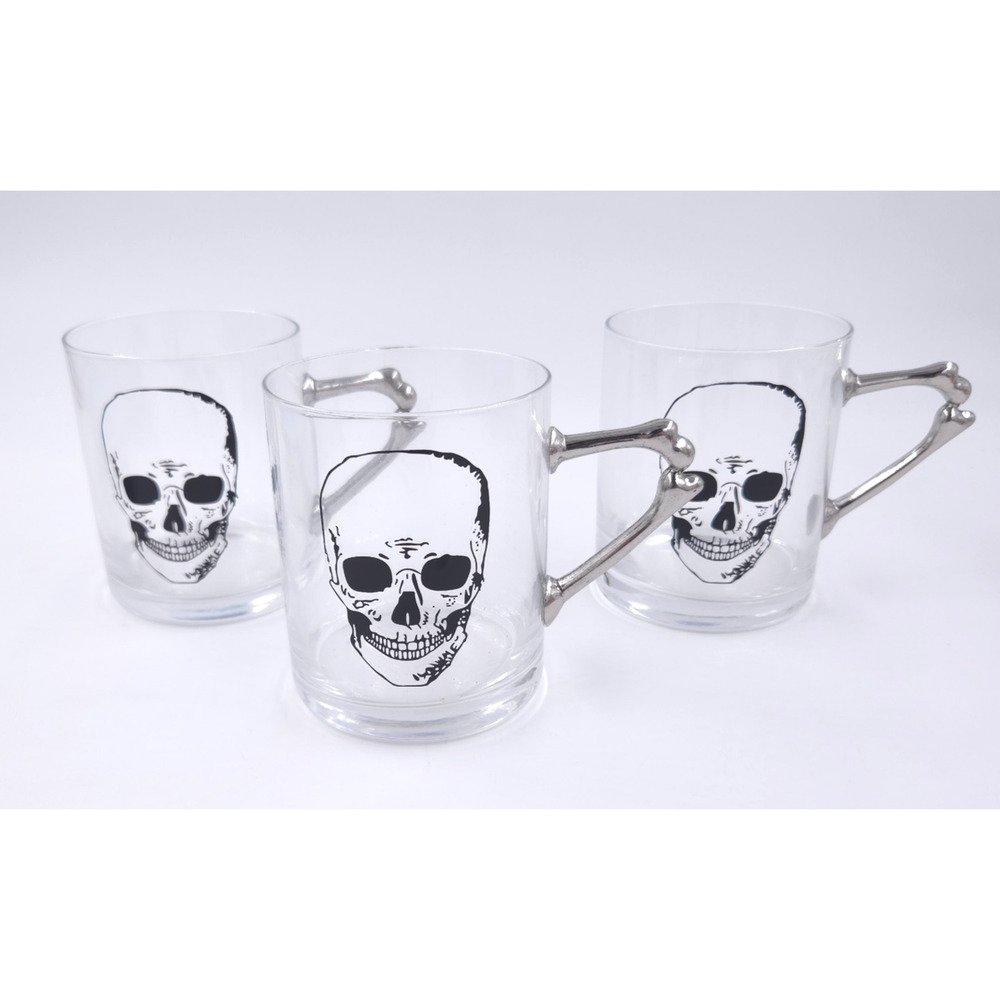 3 Skull Glass Coffee Mug Cup Metal Handle 4” Goth Man Cave Bar